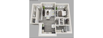 A top-down view of a modern apartment layout with a living room, kitchen, and two bedrooms.