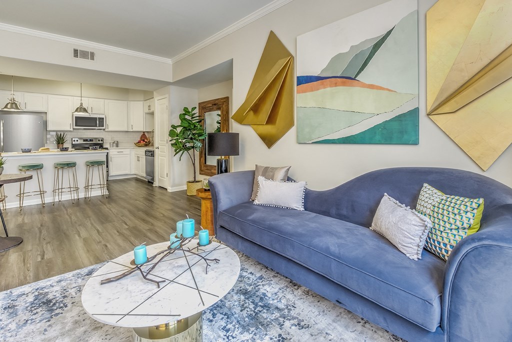 Living room area with couch at Lassiter at North Hills, Raleigh, 27609