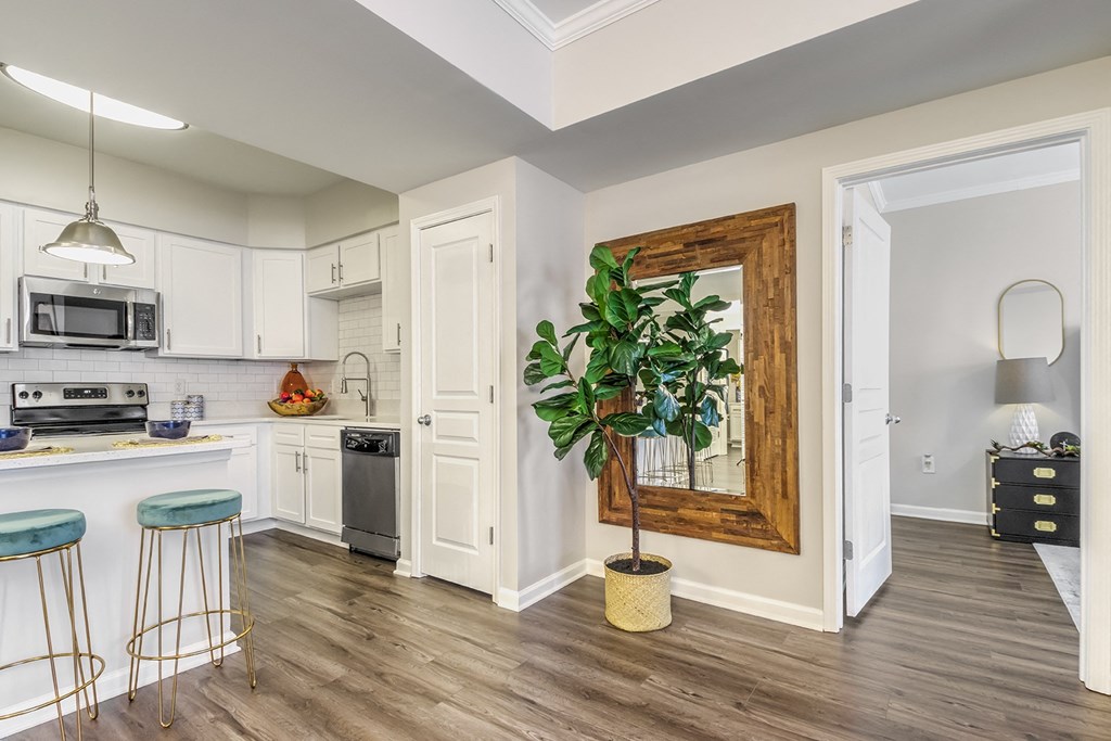 Living room and kitchen at Lassiter at North Hills, Raleigh, NC, 27609