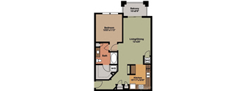 A floor plan of a house with a balcony, bedroom, living/dining area, bathroom, and kitchen.