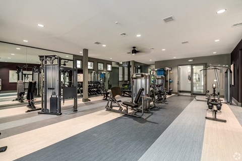 A spacious gym with a variety of equipment.