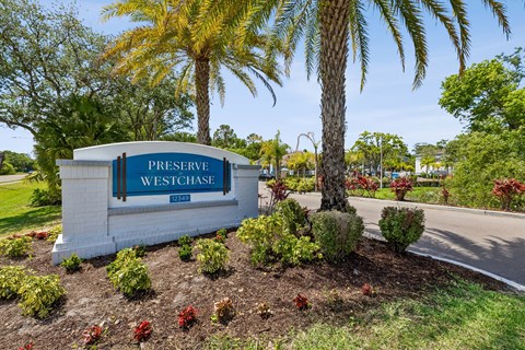 A sign that says Preserve Westchase in front of a palm tree.