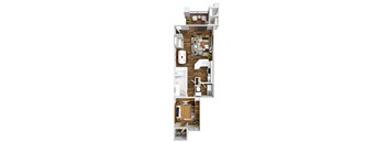 A top-down view of a two-story apartment with a living room, kitchen, and bedrooms.