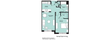 A floor plan of a typical apartment with a kitchen, living room, and bedroom.