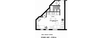 A floor plan of a studio unit with a kitchen and bathroom.