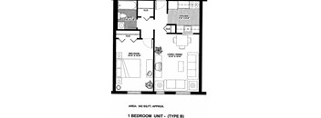A floor plan of a 1 bedroom apartment with a living room, kitchen, and bathroom.