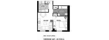 A black and white image of a floor plan for a 1 bedroom unit.