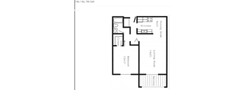 A floor plan of a one bedroom, one bathroom apartment.