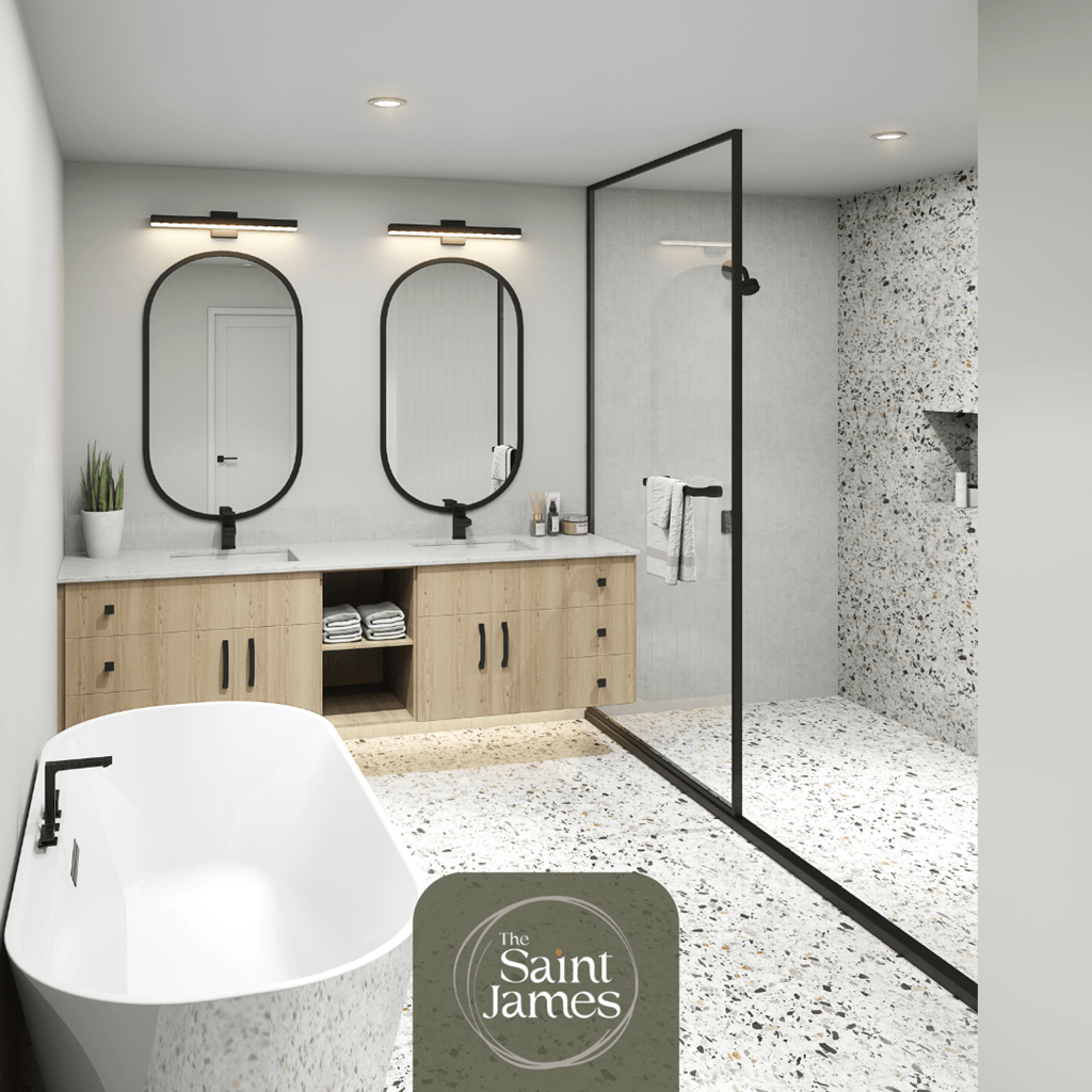 a bathroom with a white tub and a shower and a sink