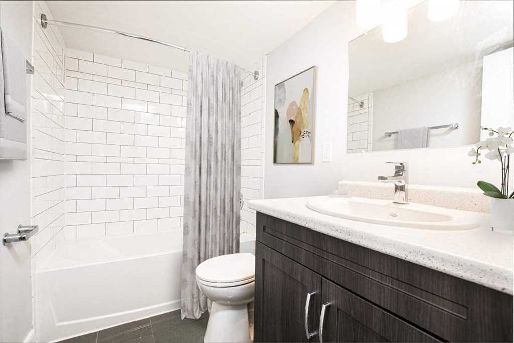 a bathroom with a sink and a toilet and a shower