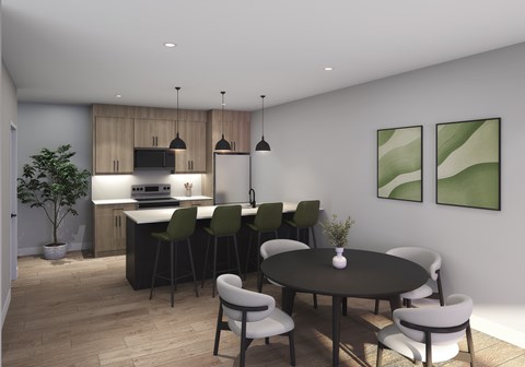 A modern kitchen with a dining table set for four.