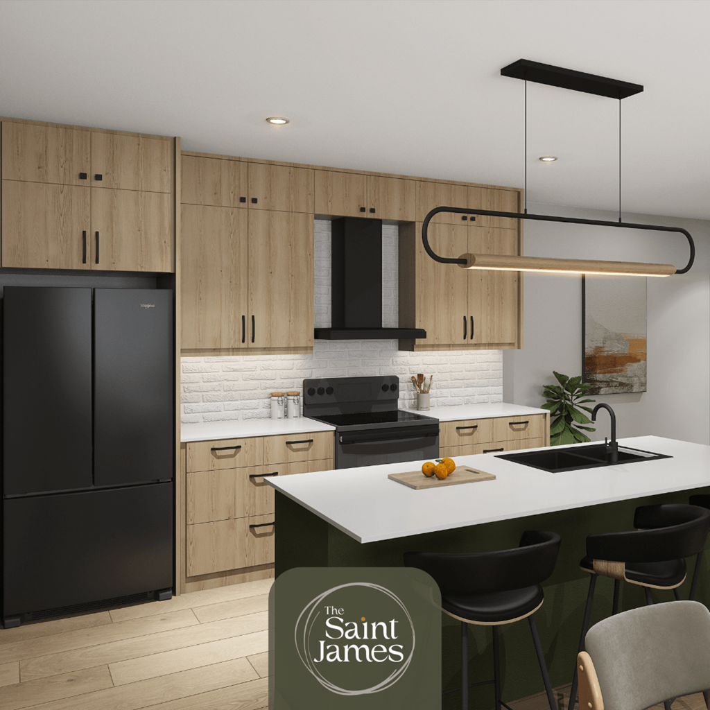 a rendering of a kitchen with a white counter top and a black refrigerator