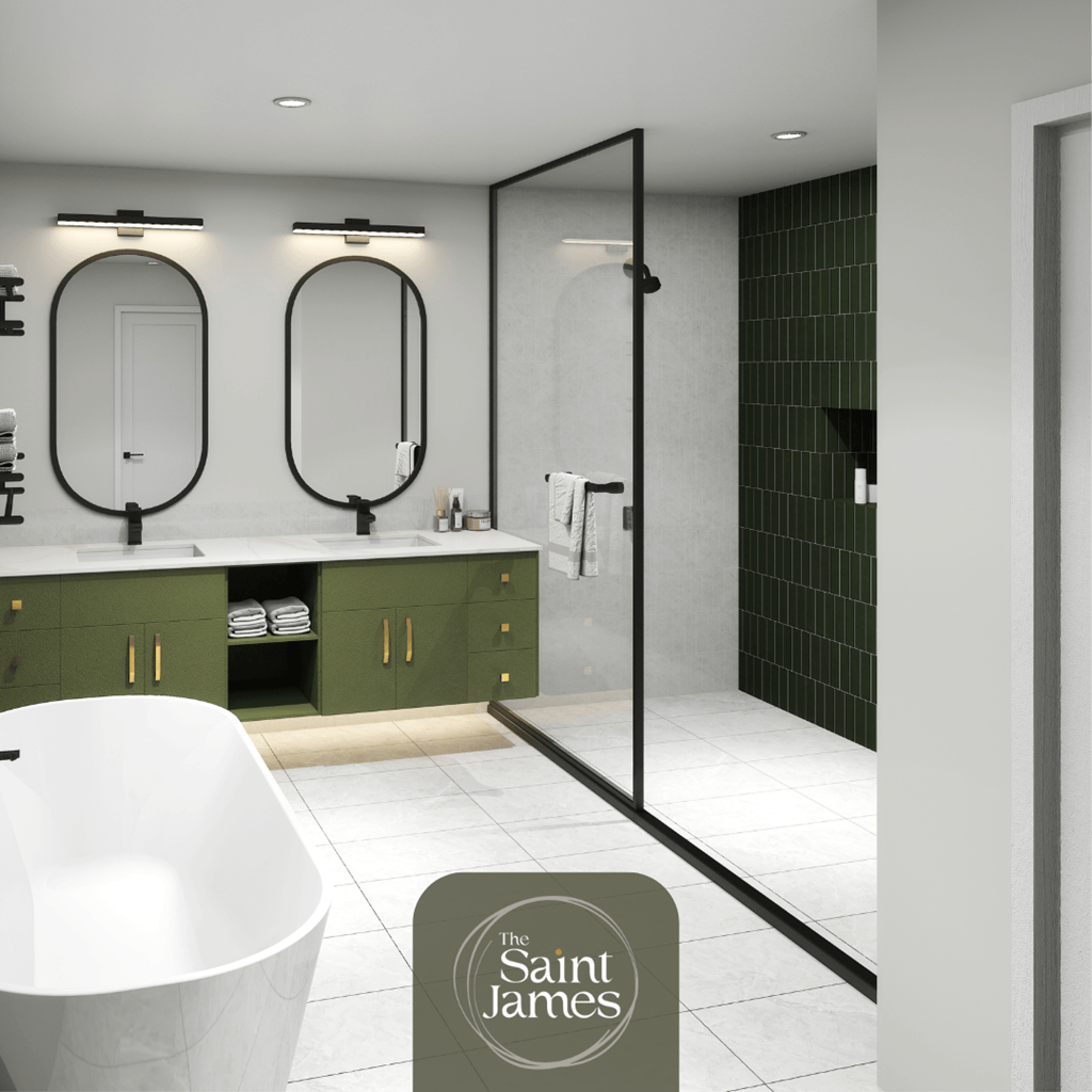 a bathroom with a tub and a shower and a saint jeans sign in