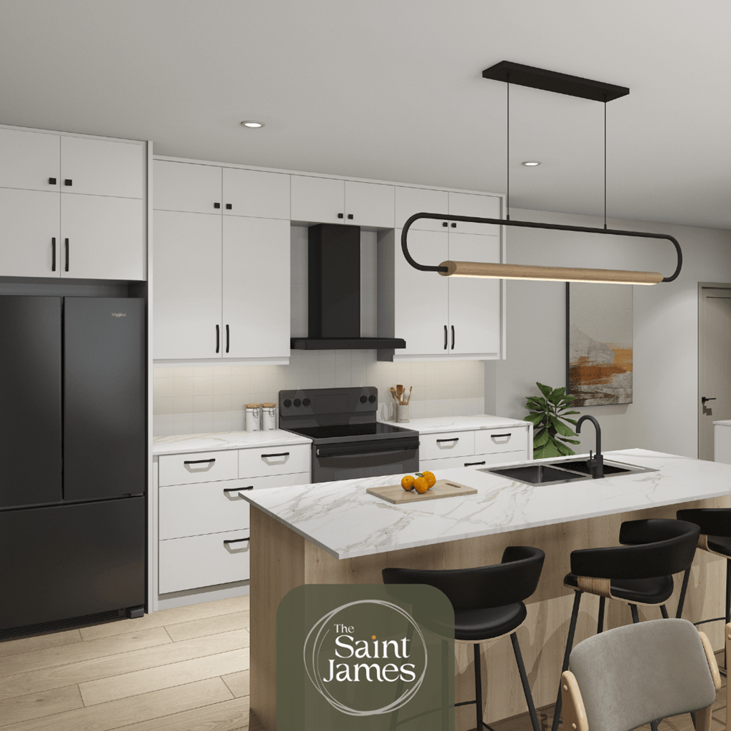 a rendering of a kitchen with white cabinets and a marble counter top