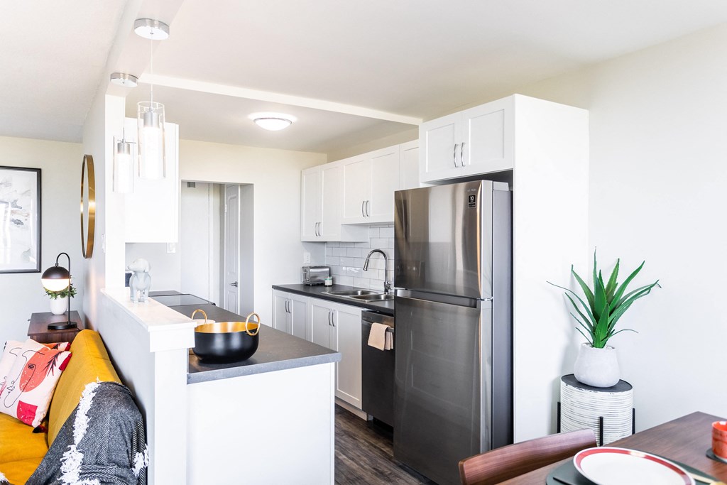 a kitchen with stainless steel appliances and a black refrigerator