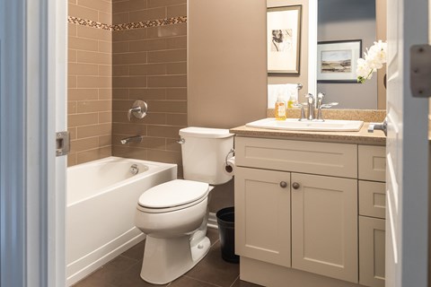 a bathroom with a toilet and a tub and a sink