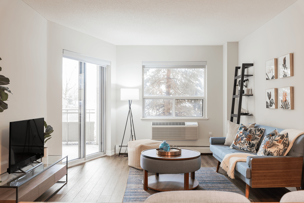 a living room with a couch and a tv and a sliding glass door