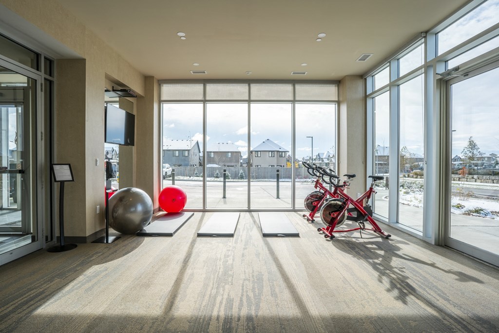 a workout room with a bike and other exercise equipment in front of large windows
