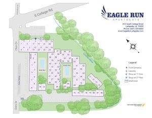A map of the Eagle Run Apartments, showing the layout of the buildings and surrounding green spaces.