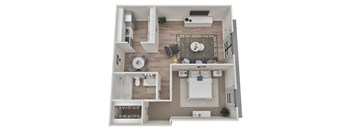 A top-down view of a small apartment with a kitchen, living room, and bathroom.