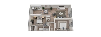 A 3D rendered image of a modern apartment layout.