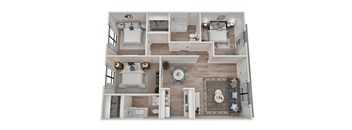 A top-down view of a modern, well-lit, and spacious apartment with two bedrooms, a living area, and a bathroom.