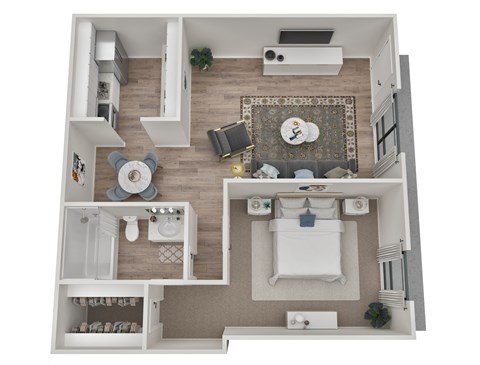A top-down view of a small apartment with a kitchen, living room, and bathroom.
