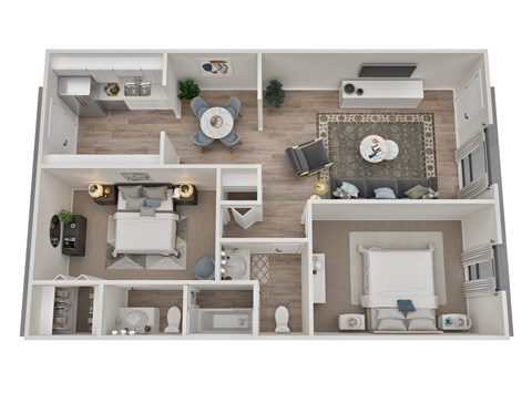 A 3D rendered image of a modern apartment layout.