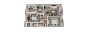 A 3D rendered image of a modern apartment layout.