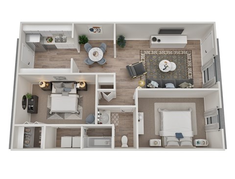 A 3D rendered image of a modern apartment layout.