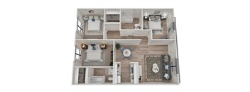 A top-down view of a modern, well-lit, and spacious apartment with two bedrooms, a living area, and a bathroom.