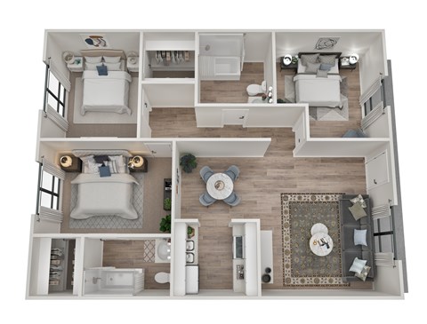 A top-down view of a modern, well-lit, and spacious apartment with two bedrooms, a living area, and a bathroom.