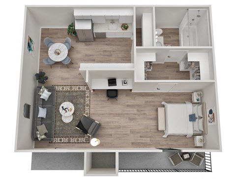 A top-down view of a modern living room with a dining area and kitchen.