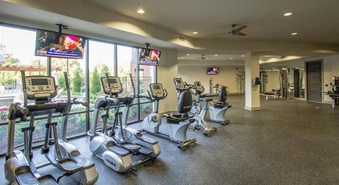 a gym with a bunch of exercise equipment in it