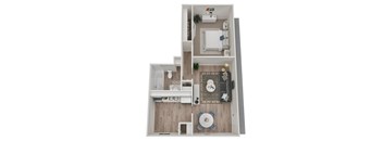 A top-down view of a small apartment with a kitchen, living room, and bathroom.