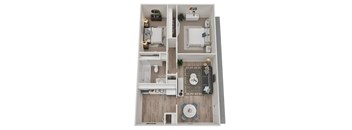 A top-down view of a small apartment with a kitchen, living room, and bathroom.