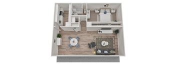 A top-down view of a living room with a couch, coffee table, and a rug.