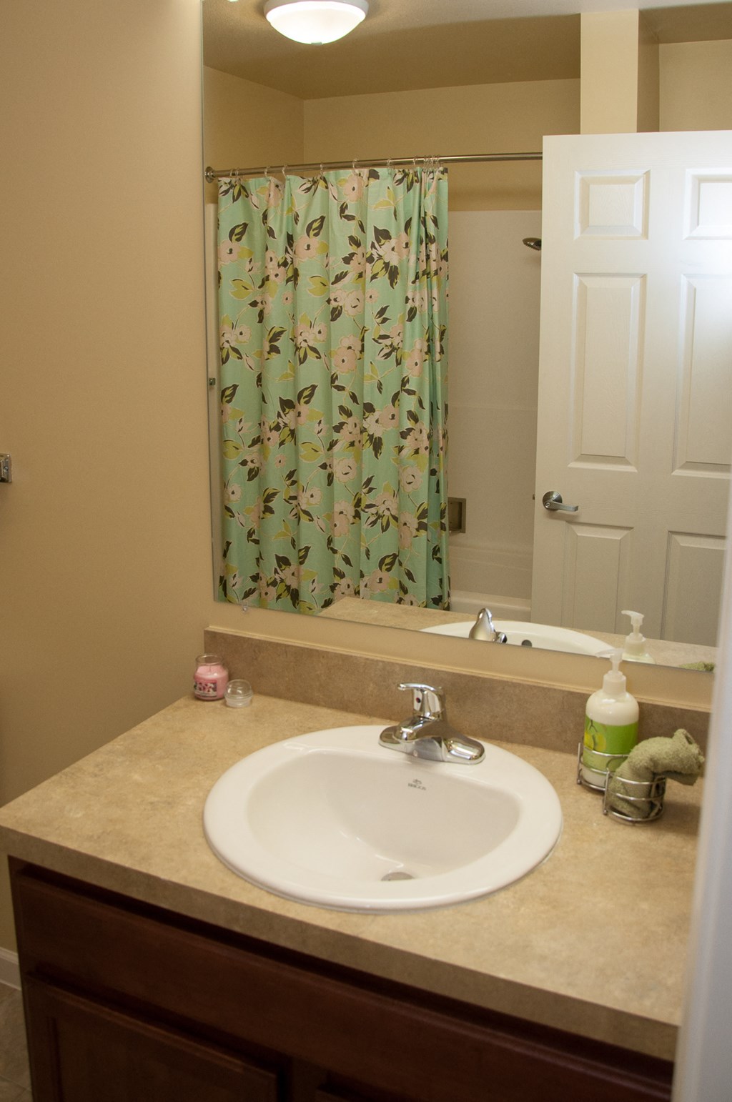 a bathroom with a sink and a mirror