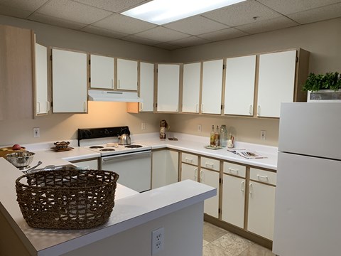 a kitchen with white cabinets and a basket on the counter