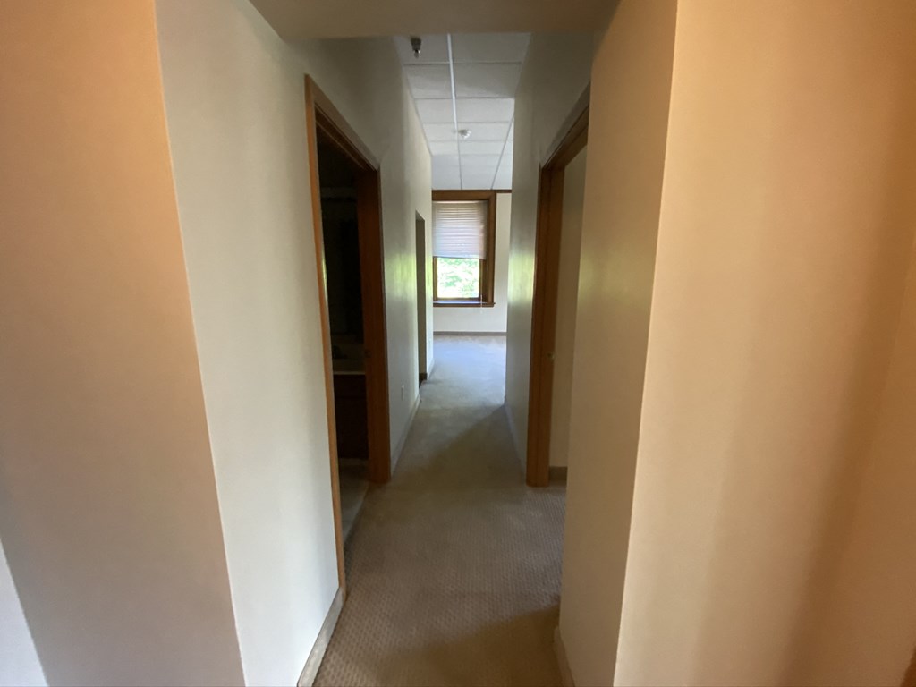 a long hallway with many doors and a window in the end