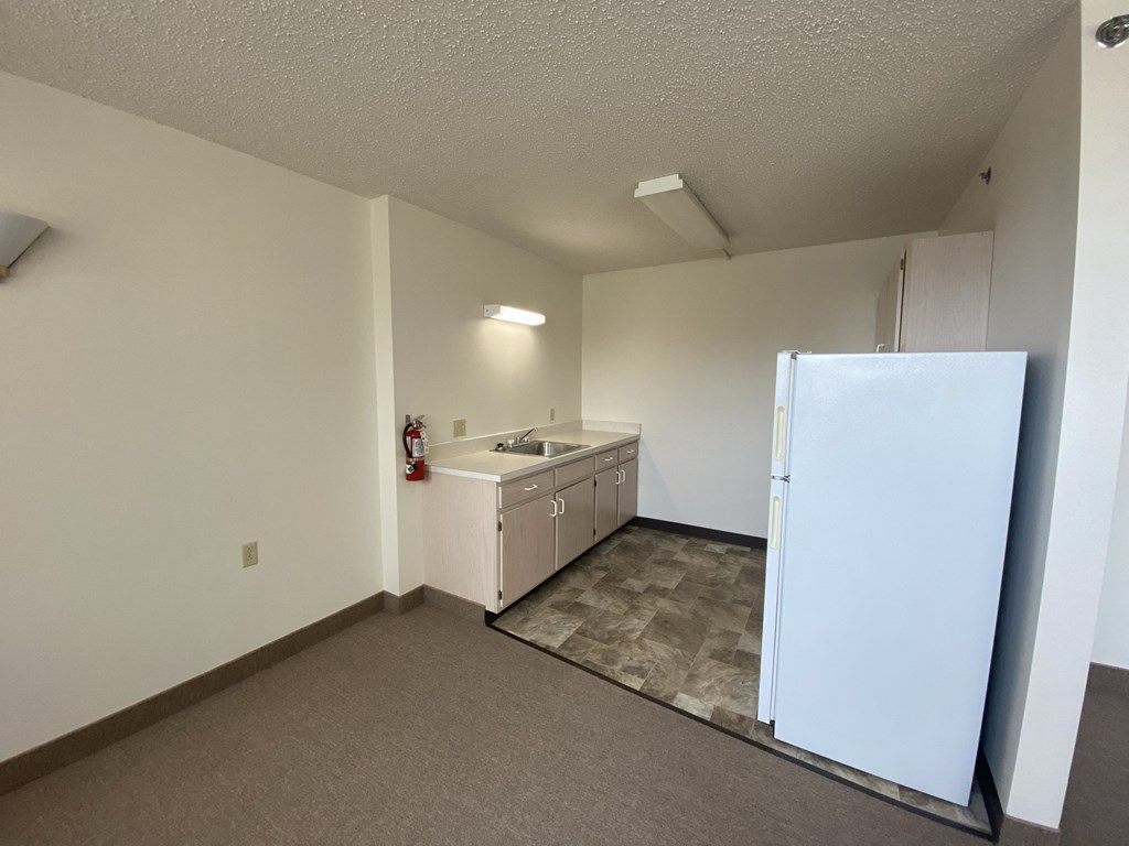 an empty kitchen with a refrigerator and a sink