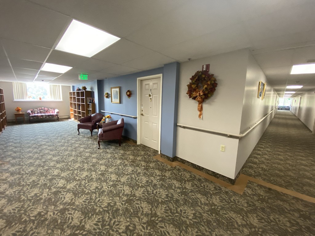 the lobby of the library is clean and ready for patients to come in