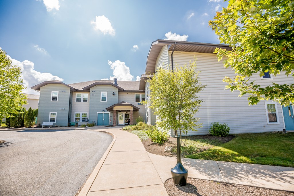 the view of a building with a street in front of it