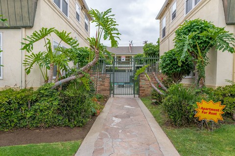 a walkway between two apartment buildings with a fence and palm trees