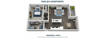 A floor plan of a one bedroom, one bath apartment in a five apartment building.