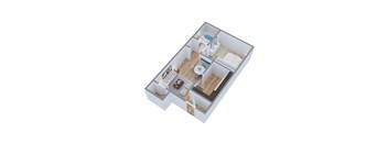 A 3D floor plan of a small apartment with a kitchen, living room, and bathroom at The Square in Downey, CA, 90242