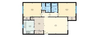 A floor plan of a house with a living room, two bedrooms, a bathroom, a kitchen, and a laundry room at The Square in Downey, CA, 90242