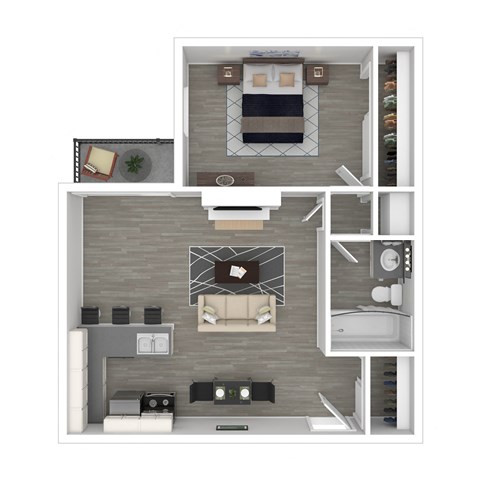 a 3d drawing of the 1 bedroom floor plan of a 2100 sq ft apartment