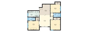 A floor plan of a house with a kitchen, living room, and two bedrooms at The Square in Downey, CA, 90242