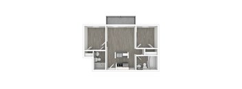 A white dollhouse with a grey wood panel background and furniture and decor inside.